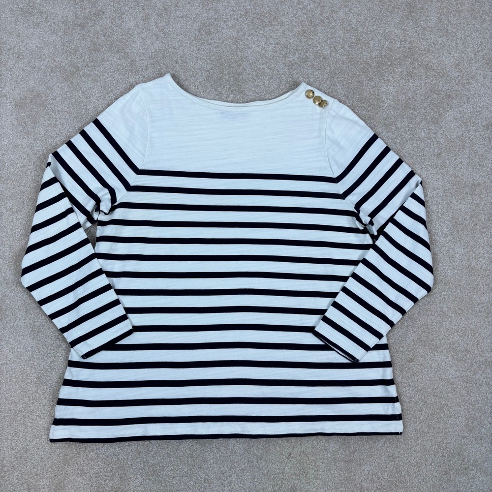 Lane Bryant Womens 14/16 Striped Boat Neck Top Gold Button Shoulder Cotton Navy